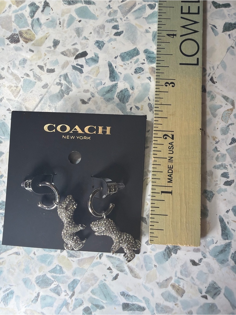 Coach Rexy Dinosaur Crystal Pave Dangle Hoop Earrings Silver Tone #45 - Picture 4 of 4